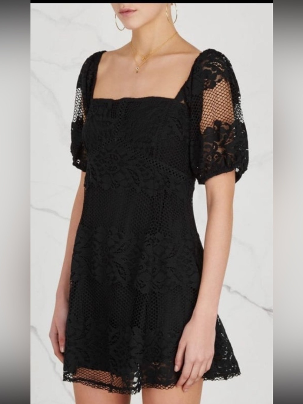 Free people Black Lace Puff-Sleeve Mini Dress with Square Neckline Small